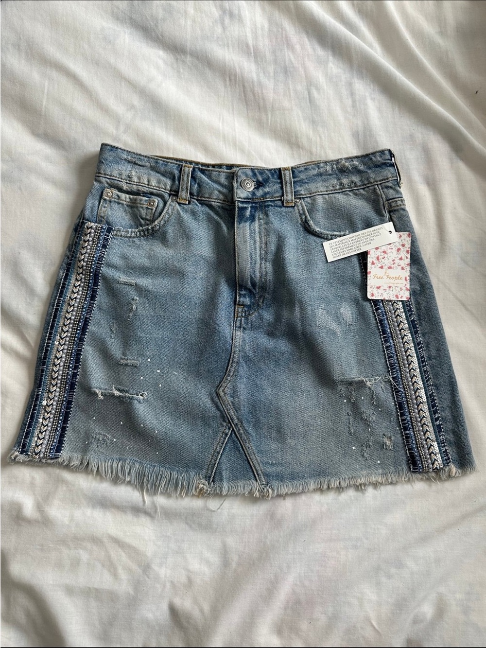 Free People Light Blue Denim Mini Skirt with Navy Embroidered Side Trim